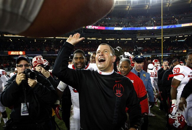 NEW YORK - DECEMBER 30:  Rutgers Scarlet Knights head coach Greg Schiano celebrates a win over the Iowa State Cyclones in the New Era Pinstripe Bowl at Yankee Stadium on December 30, 2011 in the Bronx Borough of New York City.  (Photo by Jeff Zelevansky/Getty Images)