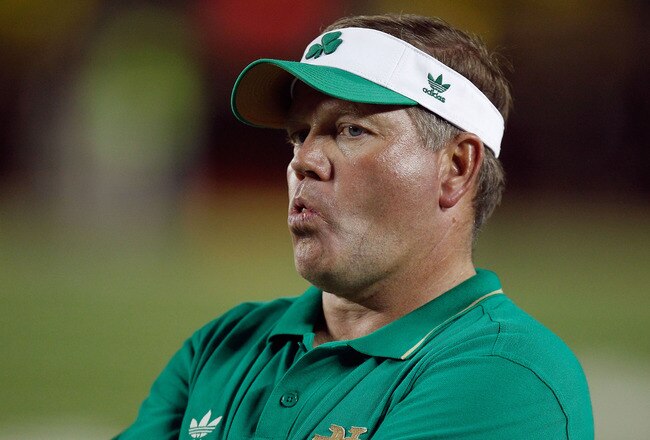 ANN ARBOR, MI - SEPTEMBER 10:  Head coach Brian Kelley of the Notre Dame Fighting Irish reacts as the Michigan Wolverines kick a extra point after scoring the game winning touchdown with two second left at Michigan Stadium on September 10, 2010 in Ann Arbor, Michigan. Michigan won the game 35-31. (Photo by Gregory Shamus/Getty Images)