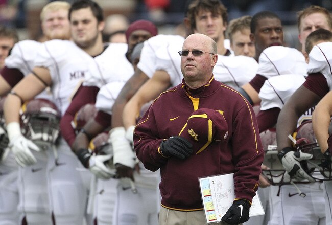 ANN ARBOR, MI - OCTOBER 01:  Head coach Jerry Kill of the Minnesota Golden Gophers stands on the sidelines before the game against the Michigan Wolverines at Michigan Stadium on October 1, 2011 in Ann Arbor, Michigan.  (Photo by Leon Halip/Getty Images)