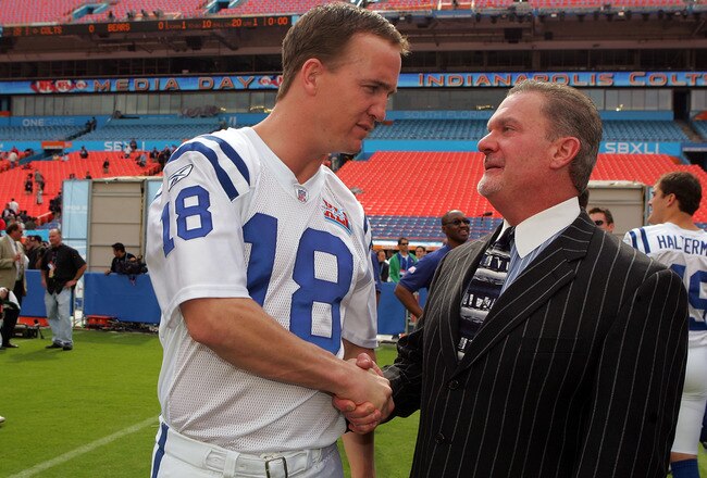 MIAMI GARDENS, FL - JANUARY 30:  Quarterback Peyton Manning #18 of the Indianapolis Colts shakes hands with team owner Jim Irsay during Media Day at Dolphin Stadium on January 30, 2007 in Miami Gardens, Florida.  (Photo by Scott Halleran/Getty Images)