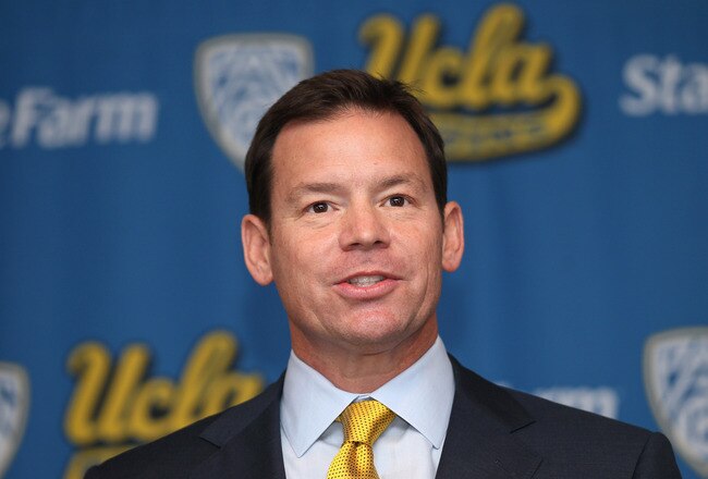 LOS ANGELES, CA - DECEMBER 13: Jim Mora speaks at a press conference introducing him as head UCLA football coach at the J.D. Morgan Center at UCLA on December 13, 2011 in Los Angeles, California.  (Photo by Stephen Dunn/Getty Images)