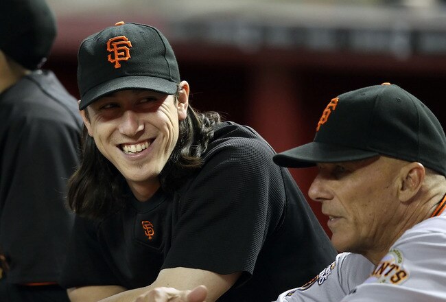 PHOENIX, AZ - JUNE 15:  Tim Lincecum #55 of the San Francisco Giants in the dugout during the Major League Baseball game against the Arizona Diamondbacks at Chase Field on June 15, 2011 in Phoenix, Arizona. The Giants defeated the Diamondbacks 5-2.  (Photo by Christian Petersen/Getty Images)