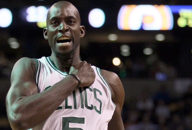 BOSTON, MA - JANUARY 06:  Kevin Garnett #5 of the Boston Celtics gets himself and the crowd going before the game against the Indiana Pacers on January 6, 2012 at TD Garden in Boston, Massachusetts. NOTE TO USER: User expressly acknowledges and agrees that, by downloading and or using this photograph, User is consenting to the terms and conditions of the Getty Images License Agreement.  (Photo by Elsa/Getty Images)