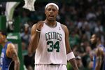 BOSTON - MAY 28:  Paul Pierce #34 of the Boston Celtics reacts against the Orlando Magic in Game Six of the Eastern Conference Finals during the 2010 NBA Playoffs at TD Garden on May 28, 2010 in Boston, Massachusetts.  NOTE TO USER: User expressly acknowledges and agrees that, by downloading and/or using this Photograph, user is consenting to the terms and conditions of the Getty Images License Agreement.  (Photo by Jim Rogash/Getty Images)