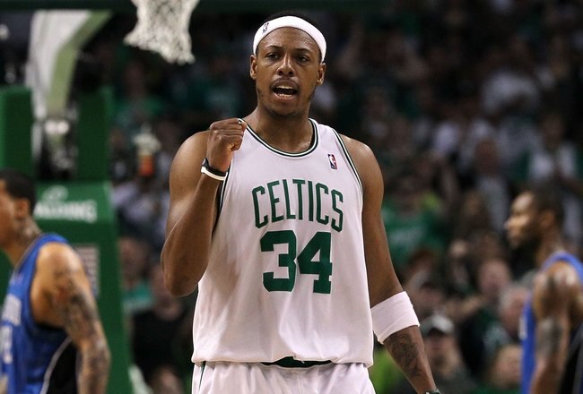 BOSTON - MAY 28:  Paul Pierce #34 of the Boston Celtics reacts against the Orlando Magic in Game Six of the Eastern Conference Finals during the 2010 NBA Playoffs at TD Garden on May 28, 2010 in Boston, Massachusetts.  NOTE TO USER: User expressly acknowledges and agrees that, by downloading and/or using this Photograph, user is consenting to the terms and conditions of the Getty Images License Agreement.  (Photo by Jim Rogash/Getty Images)