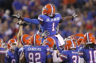 GAINESVILLE, FL - NOVEMBER 13: Janoris Jenkins #1 of the Florida Gators gets the crowd up during a game against the South Carolina Gamecocks at Ben Hill Griffin Stadium on November 13, 2010 in Gainesville, Florida.  (Photo by Mike Ehrmann/Getty Images)