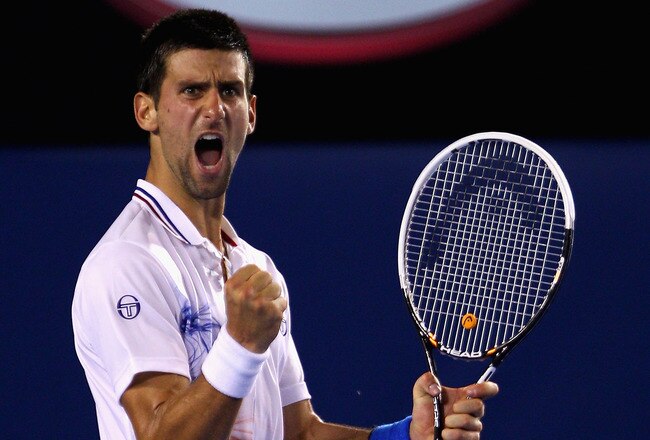 MELBOURNE, AUSTRALIA - JANUARY 27:  Novak Djokovic of Serbia celebrates a point in his semifinal match against Andy Murray of Great Britain during day twelve of the 2012 Australian Open at Melbourne Park on January 27, 2012 in Melbourne, Australia.  (Photo by Mark Kolbe/Getty Images)