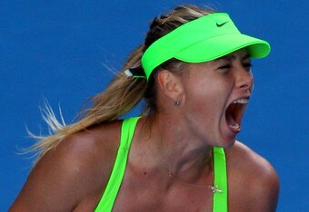 MELBOURNE, AUSTRALIA - JANUARY 26:  Maria Sharapova of Russia celebrates a point in her semifinal match against Petra Kvitova of the Czech Republic during day eleven of the 2012 Australian Open at Melbourne Park on January 26, 2012 in Melbourne, Australia.  (Photo by Mark Kolbe/Getty Images)