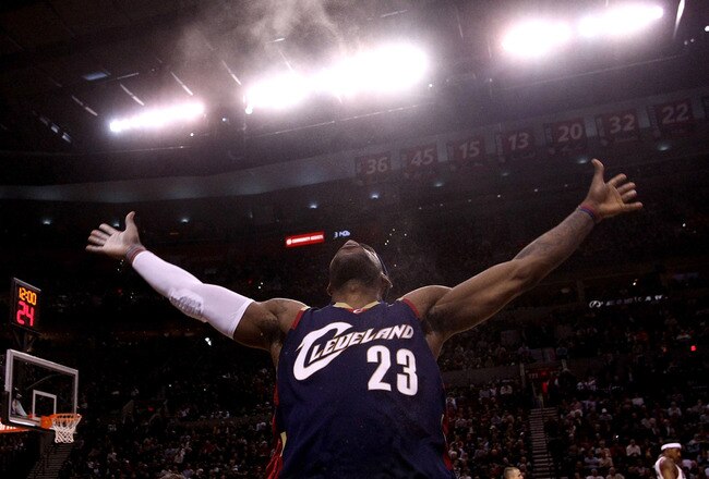 PORTLAND, OR - JANUARY 21:  LeBron James #23 of the Cleveland Cavaliers throws talcum powder in the air before the start of the game against the Portland Trail Blazers at the Rose Garden on January 21, 2009 in Portland, Oregon.  NOTE TO USER: User expressly acknowledges and agrees that, by downloading and or using this Photograph, user is consenting to the terms and conditions of the Getty Images License Agreement.  (Photo by Jonathan Ferrey/Getty Images)