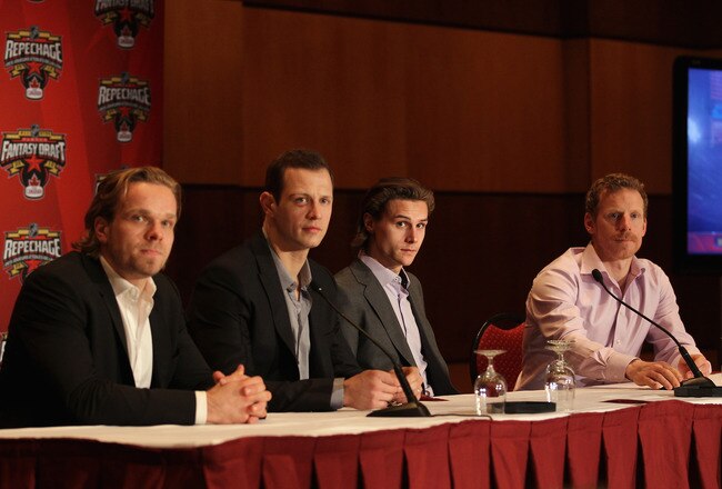 OTTAWA, ON - JANUARY 26:  (L-R) Milan Michalek, Jason Spezza, Erik Karlsson and Daniel Alfredsson of the Ottawa Senators answer questions from the media during a media availabilty prior to the 2012 NHL All-Star Game Fantasy Draft at Hilton Lac Leamy on January 26, 2012 in Ottawa, Canada.  (Photo by Bruce Bennett/Getty Images)