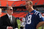 MIAMI GARDENS, FL - FEBRUARY 02:  (L-R) General manager Bill Polian, team owner Jim Irsay and Peyton Manning #18 of the Indianapolis Colts look on during Super Bowl XLIV Media Day at Sun Life Stadium on February 2, 2010 in Miami Gardens, Florida.  (Photo by Doug Benc/Getty Images)