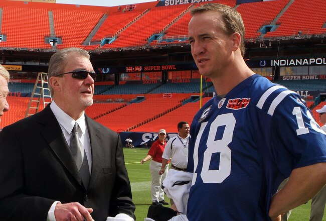 MIAMI GARDENS, FL - FEBRUARY 02:  (L-R) General manager Bill Polian, team owner Jim Irsay and Peyton Manning #18 of the Indianapolis Colts look on during Super Bowl XLIV Media Day at Sun Life Stadium on February 2, 2010 in Miami Gardens, Florida.  (Photo by Doug Benc/Getty Images)