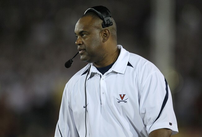 LOS ANGELES, CA - SEPTEMBER 11:  Head coach Mike London of the Virginia Cavaliers on the sidelines during the game against the USC Trojans at Los Angeles Memorial Coliseum on September 11, 2010 in Los Angeles, California. USC won 17-14.  (Photo by Stephen Dunn/Getty Images)
