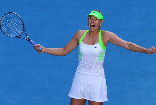 MELBOURNE, AUSTRALIA - JANUARY 26:  Maria Sharapova of Russia celebrates match point in her semifinal match against Petra Kvitova of the Czech Republic during day eleven of the 2012 Australian Open at Melbourne Park on January 26, 2012 in Melbourne, Australia.  (Photo by Mark Kolbe/Getty Images)