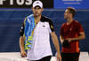 MELBOURNE, AUSTRALIA - JANUARY 19:  Andy Roddick (L) of the USA walks from the court after retiring in his second round match against Lleyton Hewitt of Australia during day four of the 2012 Australian Open at Melbourne Park on January 19, 2012 in Melbourne, Australia.  (Photo by Quinn Rooney/Getty Images)