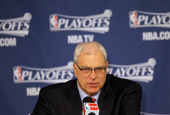 DALLAS, TX - MAY 08:  Head coach Phil Jackson of the Los Angeles Lakers during a press conference after a loss against the Dallas Mavericks in Game Four of the Western Conference Semifinals during the 2011 NBA Playoffs on May 8, 2011 at American Airlines Center in Dallas, Texas.  NOTE TO USER: User expressly acknowledges and agrees that, by downloading and or using this photograph, User is consenting to the terms and conditions of the Getty Images License Agreement.  (Photo by Ronald Martinez/Getty Images)