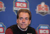 NEW ORLEANS, LA - JANUARY 10:  Head coach Nick Saban of the Alabama Crimson Tide talks to the media during a press conference following the win over Louisiana State University Tigers in the 2012 Allstate BCS National Championship Game on January 10, 2012 in New Orleans, Louisiana.  (Photo by Andy Lyons/Getty Images)