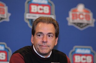 NEW ORLEANS, LA - JANUARY 10:  Head coach Nick Saban of the Alabama Crimson Tide talks to the media during a press conference following the win over Louisiana State University Tigers in the 2012 Allstate BCS National Championship Game on January 10, 2012 in New Orleans, Louisiana.  (Photo by Andy Lyons/Getty Images)