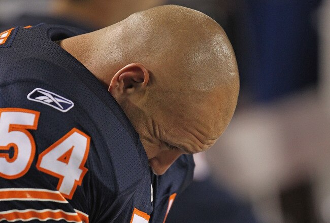 CHICAGO, IL - SEPTEMBER 01: Brian Urlacher #54 of the Chicago Bears sits on the bench during a preseason game against the Cleveland Browns at Soldier Field on September 1, 2011 in Chicago, Illinois. The Bears defeated the Browns 24-14. (Photo by Jonathan Daniel/Getty Images)