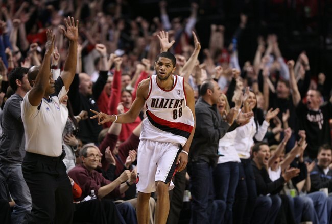 PORTLAND, OR - APRIL 24:  Nicolas Batum #88 of the Portland Trail Blazers reacts near the end of the 96-87 defeat of the Phoenix Suns during Game Four of the Western Conference Quarterfinals of the NBA Playoffs on April 24, 2010 at the Rose Garden in Portland, Oregon. NOTE TO USER: User expressly acknowledges and agrees that, by downloading and or using this Photograph, user is consenting to the terms and conditions of the Getty Images License Agreement. (Photo by Otto Greule Jr/Getty Images)