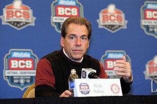NEW ORLEANS, LA - JANUARY 10:  Head coach Nick Saban of the Alabama Crimson Tide talks to the media during a press conference following the win over Louisiana State University Tigers in the 2012 Allstate BCS National Championship Game on January 10, 2012 in New Orleans, Louisiana.  (Photo by Andy Lyons/Getty Images)