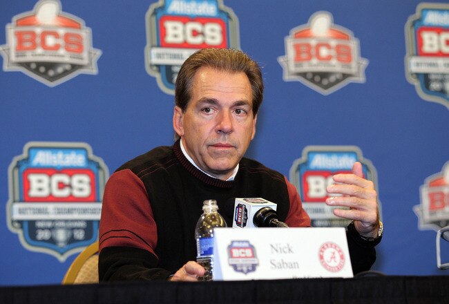NEW ORLEANS, LA - JANUARY 10:  Head coach Nick Saban of the Alabama Crimson Tide talks to the media during a press conference following the win over Louisiana State University Tigers in the 2012 Allstate BCS National Championship Game on January 10, 2012 in New Orleans, Louisiana.  (Photo by Andy Lyons/Getty Images)