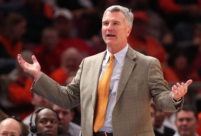 NEW YORK - NOVEMBER 19: Head coach Bruce Weber of the Illinois Fighting Illini disputes a call against the Maryland Terrapins during the 2k Sports Classic at Madison Square Garden on November 19, 2010 in New York, New York.  (Photo by Chris McGrath/Getty Images)