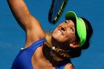 MELBOURNE, AUSTRALIA - JANUARY 26:  Victoria Azarenka of Belarus serves in her semifinal match against Kim Clijsters of Belgium during day eleven of the 2012 Australian Open at Melbourne Park on January 26, 2012 in Melbourne, Australia.  (Photo by Clive Brunskill/Getty Images)