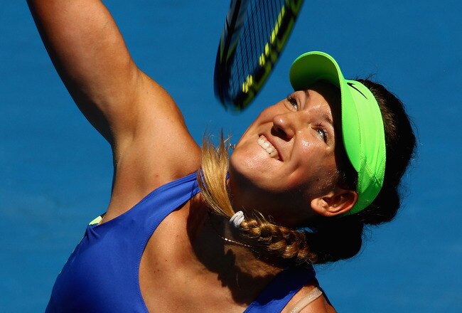 MELBOURNE, AUSTRALIA - JANUARY 26:  Victoria Azarenka of Belarus serves in her semifinal match against Kim Clijsters of Belgium during day eleven of the 2012 Australian Open at Melbourne Park on January 26, 2012 in Melbourne, Australia.  (Photo by Clive Brunskill/Getty Images)