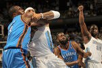 DENVER, CO - APRIL 25:  Serge Ibaka #9 of the Oklahoma City Thunder and Kenyon Martin #4 of the Denver Nuggets battle for position as Raymond Felton #20 of the Denver Nuggets takes a freethrow and James Harden #13 of the Oklahoma City Thunder boxes out in Game Four of the Western Conference Quarterfinals in the 2011 NBA Playoffs on April 24, 2011 at the Pepsi Center in Denver, Colorado. The Nuggets defeated the Thunder 104-101 to stay alive as the Thunder lead the series 3-1 over the Nuggets. NOTE TO USER: User expressly acknowledges and agrees that, by downloading and or using this photograph, User is consenting to the terms and conditions of the Getty Images License Agreement.  (Photo by Doug Pensinger/Getty Images)