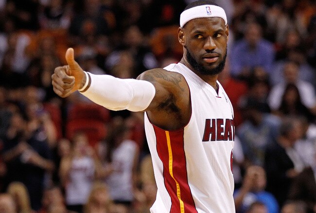 MIAMI, FL - JANUARY 27: LeBron James #6 of the Miami Heat calls a play during a game against the New York Knicks at American Airlines Arena on January 27, 2012 in Miami, Florida. NOTE TO USER: User expressly acknowledges and agrees that, by downloading and/or using this Photograph, User is consenting to the terms and conditions of the Getty Images License Agreement.  (Photo by Mike Ehrmann/Getty Images)