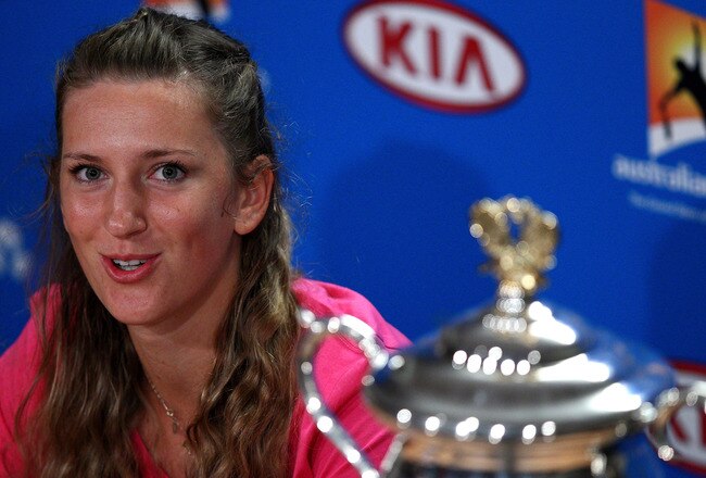 MELBOURNE, AUSTRALIA - JANUARY 28:  Victoria Azarenka of Belarus speaks at her winner's press conference with the Daphne Akhurst Memorial Cup after winning her women's final match against Maria Sharapova of Russia, and being named world number one, during day thirteen of the 2012 Australian Open at Melbourne Park on January 28, 2012 in Melbourne, Australia.  (Photo by Ryan Pierse/Getty Images)