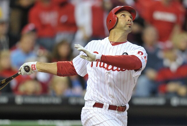PHILADELPHIA, PA - OCTOBER 01: Raul Ibanez #29 of the Philadelphia Phillies bats during Game One of the National League Division Series against the St. Louis Cardinals at Citizens Bank Park on October 1, 2011 in Philadelphia, Pennsylvania. The Phillies won 11-6. (Photo by Drew Hallowell/Getty Images)