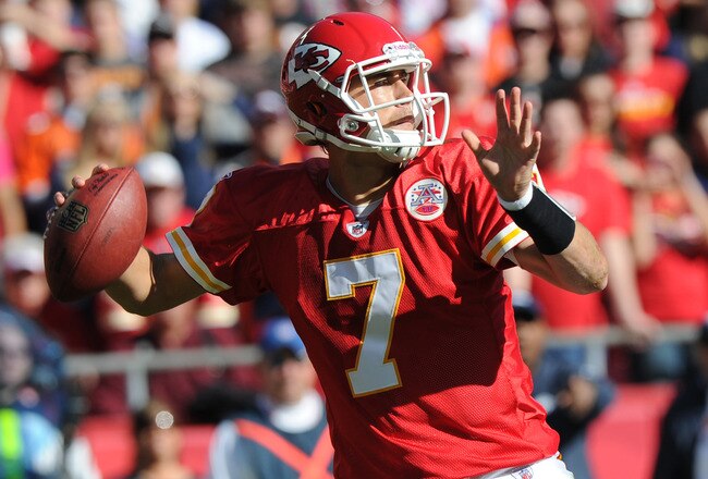 KANSAS CITY, MO - NOVEMBER 13:  Quarterback Matt Cassel #7 of the Kansas City Chiefs throws a pass down field against the Denver Broncos on November 13, 2011 during the first half at Arrowhead Stadium in Kansas City, Missouri.  (Photo by Peter Aiken/Getty Images)