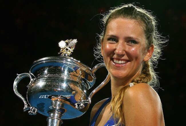 MELBOURNE, AUSTRALIA - JANUARY 28:  Victoria Azarenka of Belarus poses with the Daphne Akhurst Memorial Cup after winning her women's final match against Maria Sharapova of Russia, and being named world number one, during day thirteen of the 2012 Australian Open at Melbourne Park on January 28, 2012 in Melbourne, Australia.  (Photo by Cameron Spencer/Getty Images)
