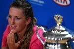 MELBOURNE, AUSTRALIA - JANUARY 28:  Victoria Azarenka of Belarus speaks at her winner's press conference with the Daphne Akhurst Memorial Cup after winning her women's final match against Maria Sharapova of Russia, and being named world number one, during day thirteen of the 2012 Australian Open at Melbourne Park on January 28, 2012 in Melbourne, Australia.  (Photo by Ryan Pierse/Getty Images)