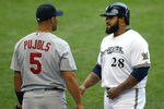 MILWAUKEE, WI - AUGUST 03: Prince Fielder #28 of the Milwaukee Brewers has words with Albert Pujols #5 of the St. Louis Cardinals at first base at Miller Park on August 3, 2011 in Milwaukee, Wisconsin. (Photo by Scott Boehm/Getty Images)