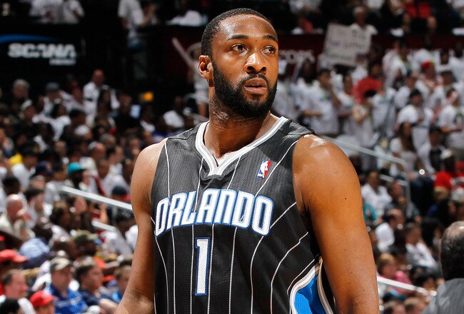 ATLANTA, GA - APRIL 24:  Gilbert Arenas #1 of the Orlando Magic against the Atlanta Hawks during Game Four of the Eastern Conference Quarterfinals in the 2011 NBA Playoffs at Philips Arena on April 24, 2011 in Atlanta, Georgia.  NOTE TO USER: User expressly acknowledges and agrees that, by downloading and or using this photograph, User is consenting to the terms and conditions of the Getty Images License Agreement.  (Photo by Kevin C. Cox/Getty Images)