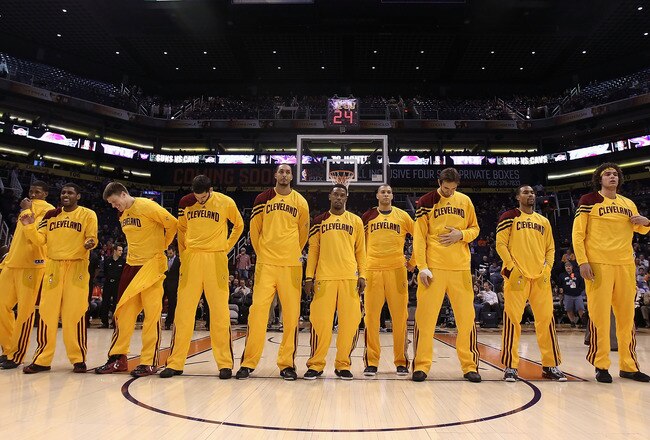 PHOENIX, AZ - JANUARY 12:  The Cleveland Cavaliers stand attended for the National Anthem before the NBA game against the Phoenix Suns at US Airways Center on January 12, 2012 in Phoenix, Arizona. The Cavaliers defeated the Suns 101-90. NOTE TO USER: User expressly acknowledges and agrees that, by downloading and or using this photograph, User is consenting to the terms and conditions of the Getty Images License Agreement.  (Photo by Christian Petersen/Getty Images)