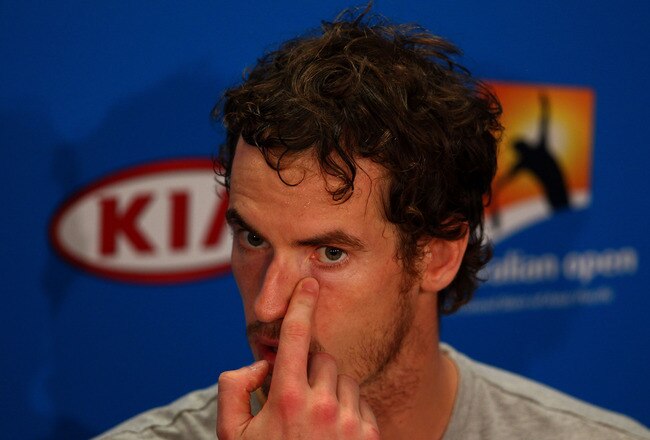MELBOURNE, AUSTRALIA - JANUARY 27:  Andy Murray of Great Britain talks to the media at a press conference following his semifinal loss against Novak Djokovic of Serbia during day twelve of the 2012 Australian Open at Melbourne Park on January 27, 2012 in Melbourne, Australia.  (Photo by Clive Brunskill/Getty Images)