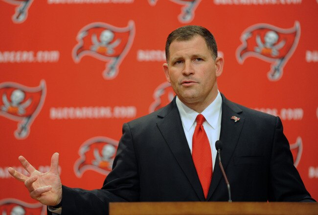 TAMPA, FL - JANUARY 27:  Coach Greg Schiano of the Tampa Bay Buccaneers speaks to the media at an introduction press conference at the team training facility January 27, 2012 in Tampa, Florida. (Photo by Al Messerschmidt/Getty Images)