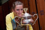 MELBOURNE, VICTORIA - JANUARY 28:  Victoria Azarenka of Belarus poses with the Daphne Akhurst Memorial Cup in the locker room after winning her women's final match against Maria Sharapova of Russia, and being named world number one, during day thirteen of the 2012 Australian Open at Melbourne Park on January 28, 2012 in Melbourne, Australia.  (Photo by Ben Solomon- Pool/Getty Images)