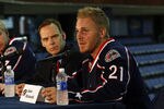 COLUMBUS,OH - JULY 21:  James Wisniewski #21 of the Columbus Blue Jackets fields questions during a press conference on July 21, 2011 at Nationwide Arena in Columbus, Ohio.  (Photo by John Grieshop/Getty Images)