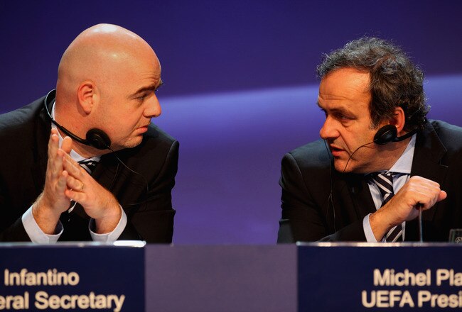 TEL AVIV, ISRAEL - MARCH 25:  UEFA President Michel Platini (R) and UEFA General Secretary Gianni Infantino give a press conference after the XXXIV Ordinary UEFA Congress on March 25, 2010 in Tel Aviv, Israel.  (Photo by David Silverman/Getty Images)