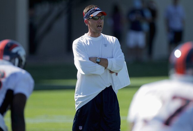 ENGLEWOOD, CO - JULY 28:  Dennis Allen, Defensive Coordinator of the Denver Broncos directs the defense during training camp at the Paul D. Bowlen Memorial Broncos Centre at Dove Valley on July 28, 2011 in Englewood, Colorado.  (Photo by Doug Pensinger/Getty Images)