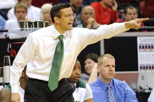 LAS VEGAS, NV - MARCH 10:  Head coach Tim Miles of the Colorado State Rams yells to his players as his team takes on the New Mexico Lobos in a quarterfinal game of the Conoco Mountain West Conference Basketball tournament at the Thomas & Mack Center March 10, 2011 in Las Vegas, Nevada. New Mexico won 67-61.  (Photo by Ethan Miller/Getty Images)