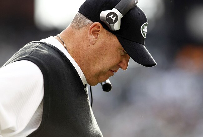 EAST RUTHERFORD, NJ - NOVEMBER 27:  New York Jets head coach Rex Ryan stands on the sidelines during a game against the Buffalo Bills at MetLife Stadium on November 27, 2011 in East Rutherford, New Jersey.  (Photo by Jeff Zelevansky/Getty Images)