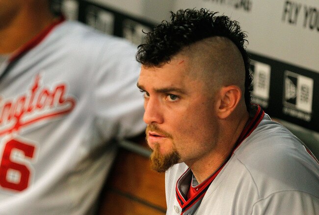 MIAMI GARDENS, FL - SEPTEMBER 27:  Jonny Gomes #30 of the Washington Nationals looks on during a game against the Florida Marlins at Sun Life Stadium on September 27, 2011 in Miami Gardens, Florida.  (Photo by Mike Ehrmann/Getty Images)