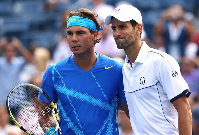 NEW YORK, NY - SEPTEMBER 12:   (L-R) Rafael Nadal of Spain and Novak Djokovic of Serbia pose for a photo prior to playing against each other during the Men's Final on Day Fifteen of the 2011 US Open at the USTA Billie Jean King National Tennis Center on September 12, 2011 in the Flushing neighborhood of the Queens borough of New York City.  (Photo by Clive Brunskill/Getty Images)