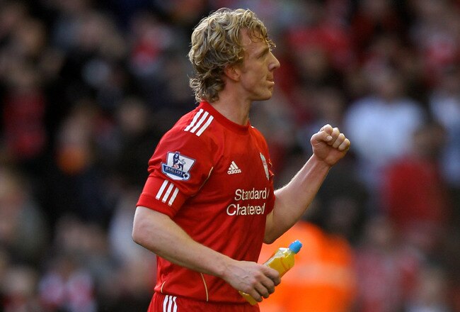 LIVERPOOL, ENGLAND - JANUARY 28:  Dirk Kuyt of Liverpool celebrates at the end of the FA Cup Fourth Round match between Liverpool and Manchester United at Anfield on January 28, 2012 in Liverpool, England.  (Photo by Alex Livesey/Getty Images)